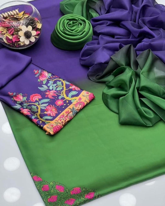 Zainab Chottani Unstiched Silk Purple Green 3 Piece Suit
