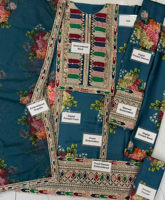 Sabya Sachi Teal blue Luxury Silk Unstitched 3 Piece Suit