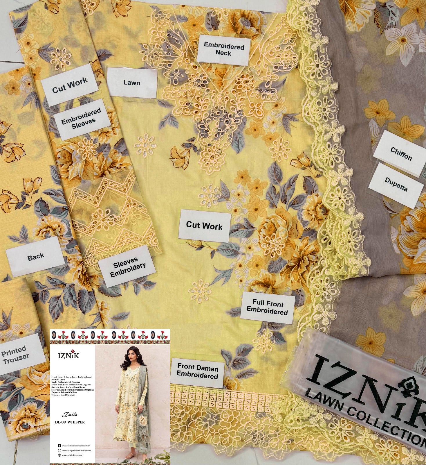 Unstiched Lawn Embroidered Chikankari 3 Piece Suit Orchid Dalfah D9 Yellow