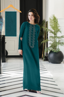 Lulusar Teal sammal long Shamoz Silk Hand Embellished 3 Piece Dress
