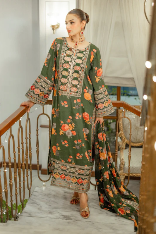 Aneelas Green Unstitched Luxury Lawn 3 Piece Suit