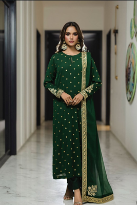 Iznik Green Girlie Casual Wear Unstitched Chiffon 3-piece suit