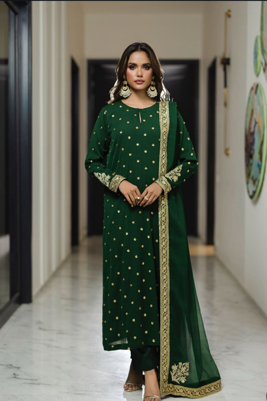 Iznik Green Girlie Casual Wear Unstitched Chiffon 3-piece suit